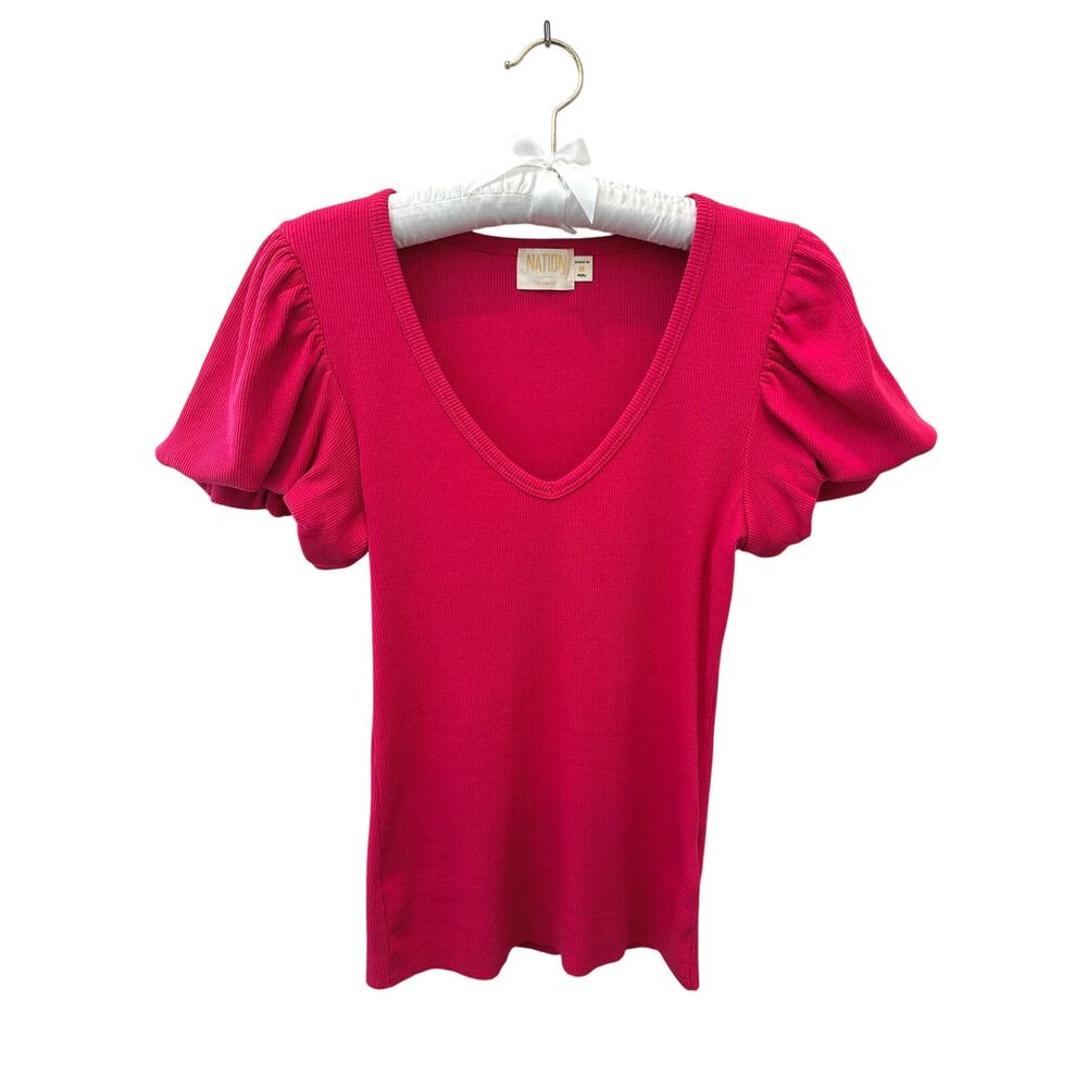 NATION LTD Hot Pink Puff Sleeve Ribbed V Neck Top Organic Pima Cotton Medium